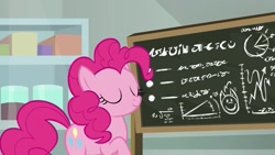 Size: 1920x1080 | Tagged: safe, screencap, pinkie pie, pony, the last laugh, chalkboard, solo