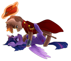 Size: 1024x885 | Tagged: safe, artist:goshhhh, twilight sparkle, twilight sparkle (alicorn), oc, oc:heroic armour, alicorn, pony, unicorn, blushing, canon x oc, cape, clothes, female, hat, looking at each other, male, pinned down, red mage, sword, weapon, ych result