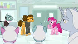 Size: 1920x1080 | Tagged: safe, screencap, cheese sandwich, pinkie pie, pony, the last laugh, alternate hairstyle, clothes, factory, gag factory, lab coat, lavender flask, male, platinum cure, sad, sans smirk, stallion, sweater, turtleneck