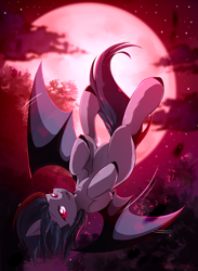 Size: 2200x3000 | Tagged: safe, artist:hakkids2, derpibooru import, bat, bat pony, female, flying, full moon, mare, moon, night, red eyes, solo, upside down