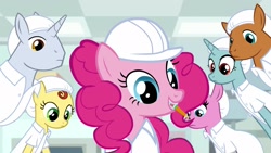 Size: 1920x1080 | Tagged: safe, screencap, lemon honey, pinkie pie, earth pony, pony, unicorn, the last laugh, background pony, clothes, female, freckles, hair net, hard hat, lab coat, lavender flask, male, mare, mouth hold, pencil, platinum cure, stallion, unnamed pony