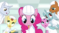 Size: 1920x1080 | Tagged: safe, screencap, lemon honey, pinkie pie, earth pony, pony, unicorn, the last laugh, background pony, clothes, female, hard hat, lab coat, lavender flask, male, mare, mouth hold, pencil, platinum cure, stallion, unnamed pony