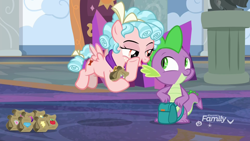 Size: 1920x1080 | Tagged: safe, derpibooru import, screencap, cozy glow, spike, dragon, pegasus, pony, school raze, cute, duo, female, filly, foal, lunch bag, male, paper bag, spikabetes, winged spike