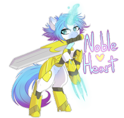 Size: 1668x1593 | Tagged: safe, artist:umbreow, oc, oc only, oc:noble heart, pony, armor, claws, coat markings, female, magic, mare, mouth hold, rearing, royal guard, simple background, solo, sword, text, transparent background, weapon