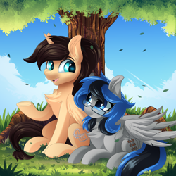 Size: 5000x5000 | Tagged: safe, artist:ask-colorsound, oc, oc only, oc:eternal light, oc:kezzie, alicorn, pegasus, pony, alicorn oc, blue eyes, chest fluff, cloud, female, glasses, horn, leaves, looking at each other, lying down, male, ponytail, sitting, smiling, tree, wings, ych result