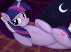 Size: 3509x2550 | Tagged: safe, artist:neoshrek, twilight sparkle, pony, bed, blushing, crescent moon, cute, female, high res, lying down, mare, moon, night, on bed, pillow, sky, solo, stars, twiabetes