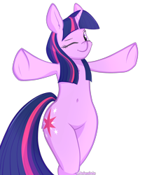 Size: 2000x2200 | Tagged: safe, artist:silshadnic, derpibooru import, twilight sparkle, unicorn twilight, pony, unicorn, armpits, belly button, bipedal, cute, digital art, female, high res, looking at you, mare, one eye closed, simple background, solo, transparent background, wink