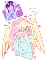 Size: 702x950 | Tagged: safe, artist:salty-irish-potato, derpibooru import, fluttershy, twilight sparkle, twilight sparkle (alicorn), alicorn, butterfly, pegasus, pony, blushing, book, clothes, cute, dialogue, eyes closed, female, floppy ears, heart, looking away, mare, signature, smiling, sweater