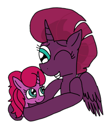 Size: 929x1080 | Tagged: safe, artist:徐詩珮, derpibooru import, tempest shadow, oc, oc:betty pop, alicorn, pony, unicorn, alicornified, female, hug, magical lesbian spawn, mother and child, mother and daughter, next generation, offspring, one eye closed, parent and child, parent:glitter drops, parent:tempest shadow, parents:glittershadow, race swap, simple background, transparent background