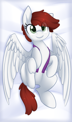 Size: 2508x4272 | Tagged: safe, artist:scarlet-spectrum, derpibooru import, oc, oc only, oc:graph travel, pegasus, pony, bed, clothes, cute, female, freckles, looking at you, mare, solo, spread wings, this will end in hugs, underhoof, vest