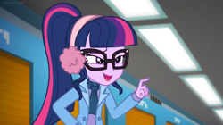 Size: 1600x898 | Tagged: safe, screencap, sci-twi, twilight sparkle, better together, equestria girls, holidays unwrapped, ceiling light, clothes, glasses, pointing, ponytail, solo, squint, winter outfit