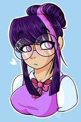 Size: 634x961 | Tagged: safe, artist:salty-irish-potato, derpibooru import, twilight sparkle, human, blue background, bow, bowtie, female, glasses, heart, humanized, looking away, simple background, solo
