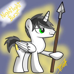 Size: 768x768 | Tagged: safe, artist:thunder burst, derpibooru import, oc, oc only, oc:nigthligth burst, alicorn, alicorn oc, base used, cutie mark, male, solo, spear, weapon