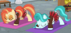 Size: 800x377 | Tagged: safe, edit, edited screencap, editor:luzion, screencap, lighthoof, shimmy shake, earth pony, pony, 2 4 6 greaaat, animated, backbend, cheerleader, clothes, glutes, invisible stallion, out of context, pleated skirt, skirt, stretching, twerking, yoga, yoga mat