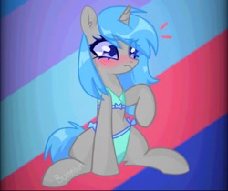 Size: 1383x1164 | Tagged: artist needed, safe, oc, oc only, oc:frozen love, pony, unicorn, awkward, blue, blue eyes, blue underwear, blushing, blushing profusely, body shot, clothes, female, green underwear, mare, nervous, rule 63, shy, sitting, solo, startled, underwear