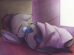 Size: 1200x897 | Tagged: safe, artist:blvckmagic, derpibooru import, oc, oc:blitz streak, pony, bed, blanket, cute, lying on bed, male, pillow, plushie, sleeping, snuggling