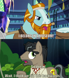 Size: 2000x2250 | Tagged: safe, derpibooru import, edit, edited screencap, editor:scrounge, screencap, doctor caballeron, rockhoof, pony, a rockhoof and a hard place, stranger than fan fiction, caption, image macro, indiana jones, ladder, library, meme, rockhoof's shovel, text, twilight's castle, twilight's castle library