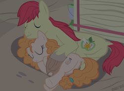 Size: 4200x3080 | Tagged: safe, artist:mrkat7214, bright mac, pear butter, earth pony, pony, and that's how applejack was made, brightbutter, cowboy hat, cuddling, cute, featureless crotch, female, hat, hay bale, high res, husband and wife, lamp, male, mare, married couple, shipping, show accurate, sleeping, stallion, straight, vector