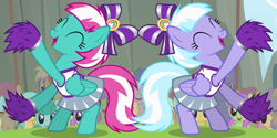 Size: 1260x630 | Tagged: safe, screencap, lilac sky, spring step, sunlight spring, pegasus, pony, rainbow falls, audience, background pony, bow, cheerleader, cheerleader outfit, clothes, cropped, cute, eyes closed, female, folded wings, male, open mouth, pom pom, skirt, wings