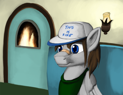 Size: 990x765 | Tagged: safe, artist:warskunk, oc, oc:fuselight, pony, cap, fire, hat, male, solo, stallion, this is fine