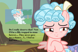 Size: 1604x1080 | Tagged: safe, edit, edited screencap, screencap, cozy glow, pegasus, pony, marks for effort, the ending of the end, caption, cozybuse, crying, female, filly, image macro, petrification, sad, stone, text
