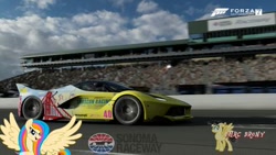 Size: 480x270 | Tagged: safe, artist:forzaveteranenigma, derpibooru import, oc, oc:golden gates, pony, fanfic:equestria motorsports, babscon, babscon mascots, california, car, driving, ferrari, ferrari fxx k, ferrari laferrari, forza motorsport 7, infineon raceway, laferrari, laferrari fxx-k, photo, racing, sonoma, sonoma raceway, watermark