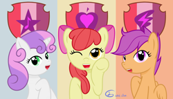 Size: 3840x2190 | Tagged: safe, artist:bodyless, apple bloom, scootaloo, sweetie belle, earth pony, pegasus, pony, unicorn, cutie mark, cutie mark crusaders, female, filly, greeting, hooves