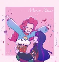 Size: 2000x2100 | Tagged: safe, artist:laochi777, pinkie pie, twilight sparkle, equestria girls, christmas, christmas stocking, confetti, female, holiday, lesbian, merry christmas, shipping, twinkie