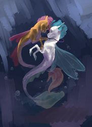 Size: 1560x2142 | Tagged: safe, artist:varwing, derpibooru import, scootaloo, terramar, seapony (g4), bubble, cute, eyes closed, female, floppy ears, grin, hug, interspecies, jewelry, male, necklace, nuzzling, pearl necklace, seaponified, seapony scootaloo, shipping, smiling, species swap, straight, terraloo, underwater