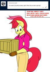 Size: 692x1002 | Tagged: safe, artist:matchstickman, apple bloom, anthro, earth pony, apple brawn, biceps, box, clothes, comic, dialogue, female, gloves, matchstickman's apple brawn series, muscles, pants, shirt, simple background, solo, teenager, tumblr comic, tumblr:where the apple blossoms, white background