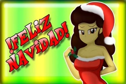 Size: 720x480 | Tagged: safe, artist:danielitamlp, oc, oc only, oc:flower melody, human, equestria girls, bare shoulders, breasts, christmas, female, hat, holiday, holly, holly mistaken for mistletoe, looking at you, merry christmas, mistletoe, santa hat, sleeveless, smiling, solo, spanish, strapless