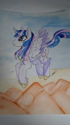 Size: 2340x4160 | Tagged: safe, artist:meisanthropy, twilight sparkle, twilight sparkle (alicorn), alicorn, pony, flying, high res, hoof shoes, jewelry, mountain, open mouth, peytral, profile, regalia, scenery, smiling, solo, traditional art, watercolor painting