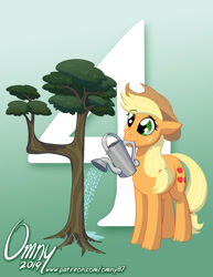 Size: 800x1035 | Tagged: safe, artist:omny87, derpibooru import, applejack, earth pony, pony, season 9, 4, applejack's hat, countdown, cowboy hat, female, freckles, hat, hype, mare, mouth hold, solo, tree, watering can