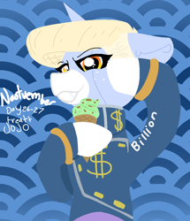 Size: 980x1140 | Tagged: safe, artist:nootaz, oc, oc only, oc:nootaz, pony, unicorn, $, abstract background, alternate hairstyle, blue background, clothes, cosplay, costume, female, food, ice cream, jojo's bizarre adventure, mare, nootvember, nootvember 2019, okuyasu nijimura, simple background, solo