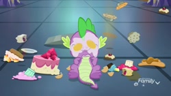 Size: 1920x1080 | Tagged: safe, derpibooru import, screencap, spike, dragon, father knows beast, cake, claws, cupcake, egg (food), food, solo, winged spike