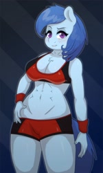 Size: 2338x3886 | Tagged: safe, artist:omegaozone, derpibooru import, oc, oc only, oc:raylanda, anthro, earth pony, abs, anthro oc, belly button, blushing, breasts, clothes, female, looking at you, shorts, solo, wristband