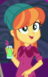 Size: 416x660 | Tagged: safe, screencap, orange sunrise, better together, equestria girls, spring breakdown, beanie, beverage, cropped, cute, drink, female, hat, solo, straw