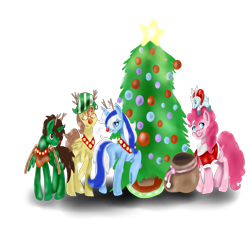 Size: 3000x3000 | Tagged: safe, artist:hersheypup, pinkie pie, oc, oc:ferb fletcher, oc:frost d. tart, oc:zipper zest, alicorn, earth pony, pegasus, pony, unicorn, alicorn oc, antlers, christmas, christmas tree, clothes, costume, holiday, not minuette, plushie, rudolph nose, santa costume, tree, winter ramun