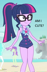 Size: 340x514 | Tagged: safe, derpibooru import, edit, edited screencap, screencap, paisley, sci-twi, starlight, twilight sparkle, better together, equestria girls, forgotten friendship, background human, bronybait, clothes, geode of telekinesis, magical geodes, swimsuit