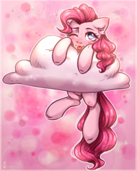 Size: 2000x2500 | Tagged: safe, artist:zefirka, pinkie pie, earth pony, pony, :p, cloud, cute, diapinkes, ear fluff, high res, on a cloud, one eye closed, solo, tongue out, wink