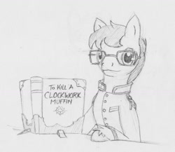 Size: 1280x1111 | Tagged: safe, artist:mysticalpha, derpibooru import, oc, oc only, oc:straightedge, pony, book, glasses, monochrome, traditional art, tumblr:skyshipcelestia