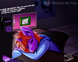 Size: 1250x1000 | Tagged: safe, artist:thedamneddarklyfox, oc, oc only, anthro, unicorn, clothes, computer, hoodie, male, night, sleeping, solo