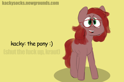 Size: 4552x3024 | Tagged: safe, artist:kackysocks, oc, oc:kacky, pony, glasses, green eyes, male, no cutie marks because im lazy, open mouth, shameless advertising, smiling, vulgar