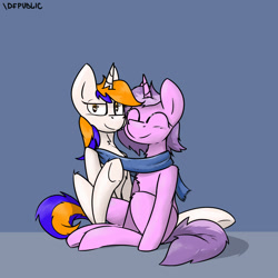 Size: 2000x2000 | Tagged: safe, artist:difis, artist:dumbf, oc, oc only, pony, unicorn, clothes, duo, eyes closed, scarf, shared clothing, shared scarf, sitting, smiling