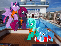 Size: 1440x1080 | Tagged: safe, artist:rainbow eevee edits, artist:徐詩珮, fizzlepop berrytwist, glitter drops, spring rain, tempest shadow, twilight sparkle, twilight sparkle (alicorn), alicorn, pony, unicorn, series:sprglitemplight diary, series:sprglitemplight life jacket days, series:springshadowdrops diary, series:springshadowdrops life jacket days, alternate universe, bisexual, broken horn, clothes, cute, female, flying, glitterbetes, glitterlight, glittershadow, horn, lesbian, lifeguard, lifeguard spring rain, lifejacket, photo, polyamory, scarf, shipping, smiling, sprglitemplight, springbetes, springdrops, springlight, springshadow, springshadowdrops, tempestbetes, tempestlight, twiabetes