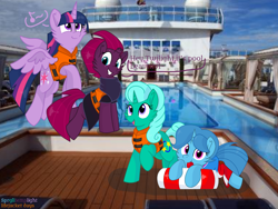 Size: 1440x1080 | Tagged: safe, artist:rainbow eevee edits, artist:徐詩珮, fizzlepop berrytwist, glitter drops, spring rain, tempest shadow, twilight sparkle, twilight sparkle (alicorn), alicorn, pony, unicorn, series:sprglitemplight diary, series:sprglitemplight life jacket days, series:springshadowdrops diary, series:springshadowdrops life jacket days, alternate universe, bisexual, blowing whistle, broken horn, clothes, cute, dialogue, female, flying, glitterbetes, glitterlight, glittershadow, horn, lesbian, lifeguard, lifeguard spring rain, lifejacket, photo, polyamory, scarf, shipping, smiling, sprglitemplight, spring rain's lifeguard whistle, springbetes, springdrops, springlight, springshadow, springshadowdrops, tempestbetes, tempestlight, twiabetes, whistle