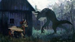 Size: 1024x576 | Tagged: safe, artist:wolfiedrawie, derpibooru import, oc, oc:drew, pegasus, pony, fallout equestria, blood, clothes, deathclaw, fallout, fallout 4, fallout 4: far harbor, female, hiding, house, mare, monster, scratches