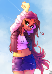 Size: 910x1300 | Tagged: safe, alternate version, artist:atryl, artist:siden, oc, oc only, oc:pumpkin lily, anthro, earth pony, collaboration, anthro oc, arm behind head, beanie, belly button, clothes, cute, denim skirt, female, hat, looking at you, mare, midriff, miniskirt, ocbetes, shirt, short shirt, skirt, solo, stretching, ych result