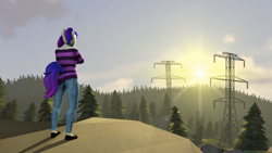 Size: 3840x2160 | Tagged: safe, artist:shadowboltsfm, anthro, plantigrade anthro, 3d, cliff, clothes, crossed arms, female, forest background, high res, jeans, looking forward, mare, pants, power line, pylon, rear view, scenery, shoes, shoulderless, sky, solo, source filmmaker, standing, sunrise, sweater