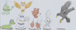 Size: 2414x954 | Tagged: safe, artist:nephilim rider, derpibooru import, angel bunny, gummy, opalescence, owlowiscious, tank, winona, oc, oc:ghost the raven, pet, traditional art